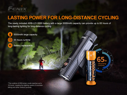 Fenix BC26R Bike Light with battery and person in the dark, highlighting long-distance cycling capabilities.