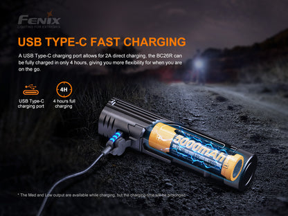 USB Type-C fast charging Fenix BC26R Bike Light on a dark background