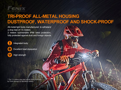 Person riding a bike at night with a Fenix BC26R Bike Light, wearing a red helmet and raincoat, on a dark background with text about the product features.