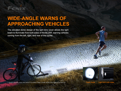 Biker on the road behind a runner signaling with Fenix BC26R Bike Light in the night. 