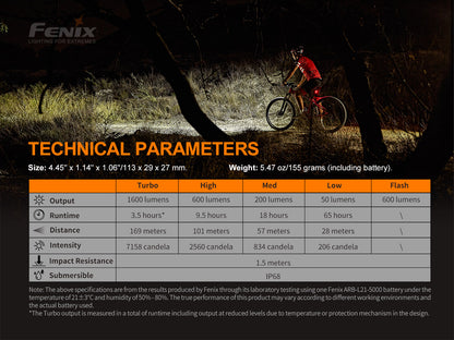 Technical specifications of a Fenix BC26R Bike Light with a cyclist in a dark forest setting.