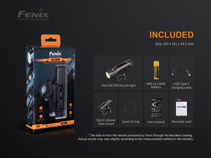 Fenix BC26R Bike Light packaging with included items on a black background