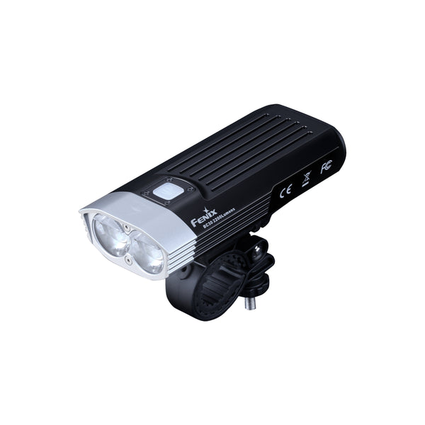 A black Fenix BC30 V2.0 bike light with a dual-LED light bar and a remote switch, designed to be mounted on a bike's handlebar.
