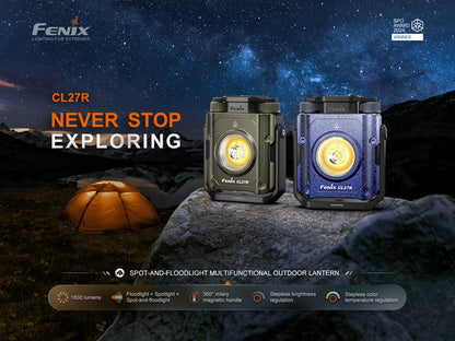 Two Fenix CL27R Lanterns with a starry night sky and camping scene in the background, featuring the brand 'Fenix'.