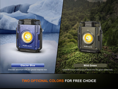 Two Fenix CL27R Lanterna, one Glacier Blue and one Wild Green, with scenic backgrounds.