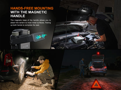 Fenix CL27R Lantern hands-free mounting, shown in car mechanic use scenarios.