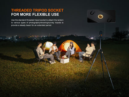 Camping scene with people around a Fenix CL27R Lantern, tripod, and tents on a dark night.