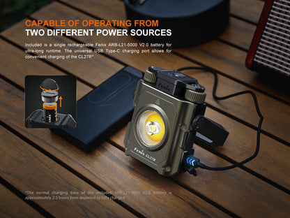 Fenix CL27R flashlight on a wooden surface with text about power sources.