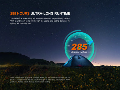 Fenix CL27R Lantern with ultra-long runtime display against a night sky and camping scene