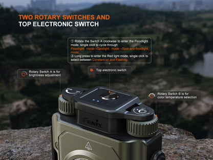 Fenix CL27R Lantern with rotary switches and top electronic switch on a rocky background