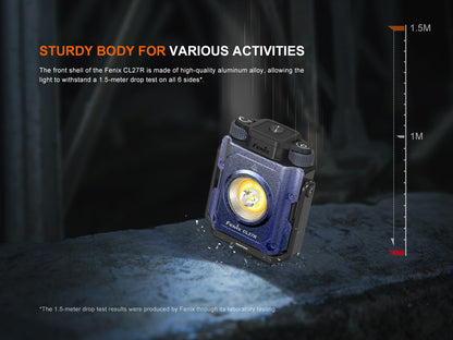 Fenix CL27R flashlight with durability features highlighted on a dark background