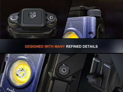 Close-up of a Fenix CL27R Lantern with detailed design elements on a dark background