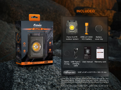 Fenix CL27R outdoor lantern packaging with included items displayed.