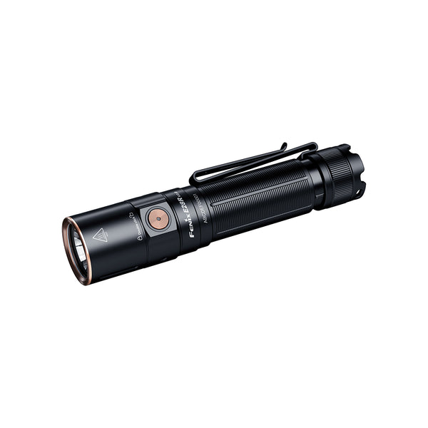 A black Fenix E28R V2.0 EDC flashlight with a side switch, USB Type-C charging port, and a clip attached.