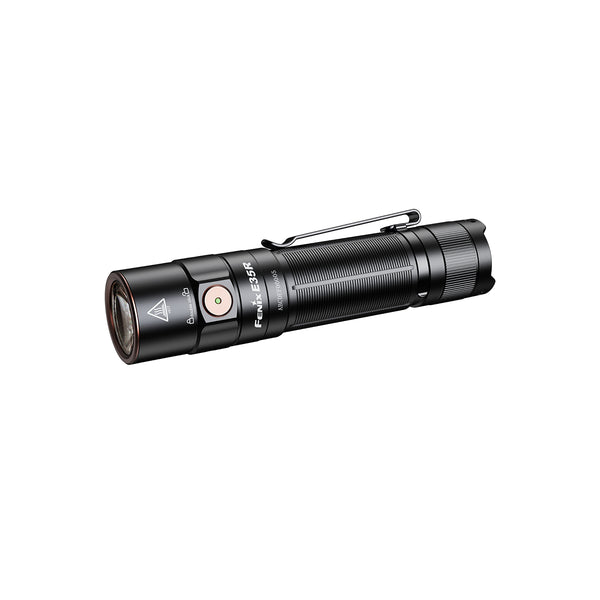 A black Fenix E35R flashlight with a side switch, USB-C port, and a metal clip.