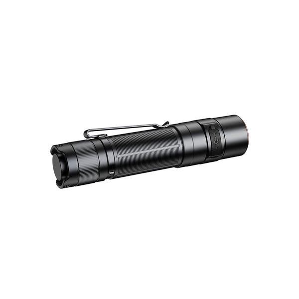 A black Fenix E35R flashlight with a side switch, USB-C port, and a metal clip.
