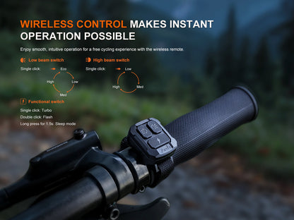 Close-up of a bike handlebar with wireless control switch and text about wireless control benefits.