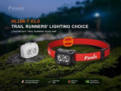 Fenix HL18R-T V2.0 headlamp with red and white options on a trail running background