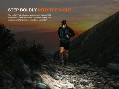 Person running on a mountain trail with text about a Fenix HL18R-T V2.0 headlamp features.