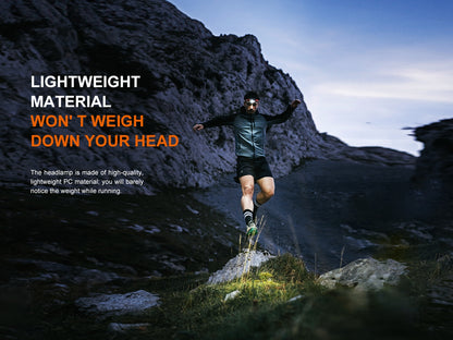 Person running on a rocky mountain path wearing Fenix HL18R-T V2.0 headlamp with promotional text about headlamp's lightweight material.