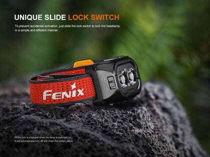 Fenix HL18R-T V2.0 headlamp with unique slide lock switch feature on a rock surface