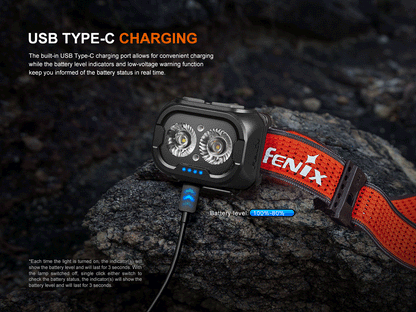 Fenix HL18R-T V2.0 headlamp being charged though USB C port on a rock