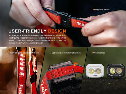 Red Fenix HL18R-T V2.0 headlamp with features highlighted, including emergency whistle and detachable headband.