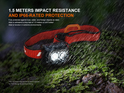 Fenix HL18R-T V2.0 headlamp with red strap on a mossy surface, raindrops falling, highlighting impact resistance and protection rating IP66 against water, dust and foreign objects. 