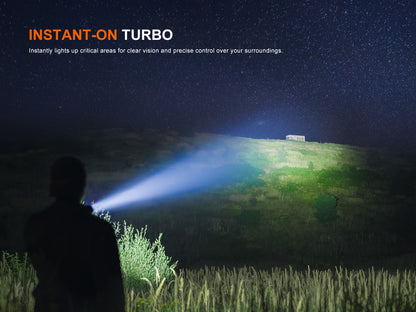 Person using a Fenix HT18R V2.0 Flashlight to illuminate a dark landscape with text about 'Instant-On Turbo' feature.