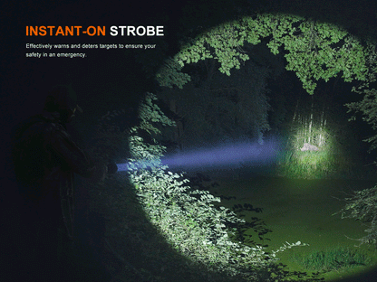 Fenix HT18R V2.0 Flashlight in a strobe mode used for hunting at night in the forest 