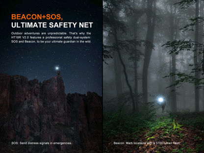 Fenix HT18R V2.0 Flashlight used in SOS and beacon mode by person on the top of rock at night and in the misty forest. 