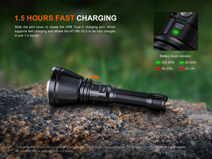 Fenix HT18R V2.0 Flashlight on a rock with charging indication