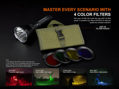 Flashlight with filter pouch and color filters on a dark background