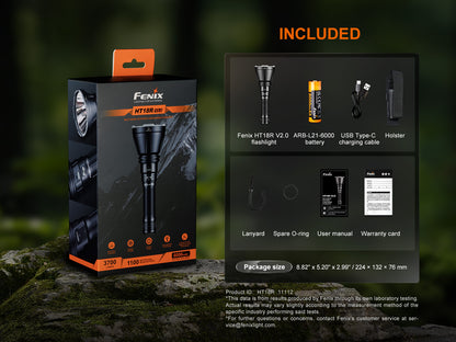 Fenix HT18R V2.0 Flashlight packaging with included items displayed on a dark background