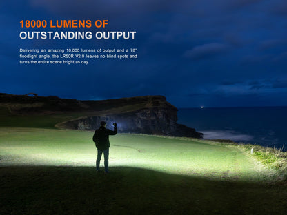 Person using a high-intensity Fenix LR50R V2.0 Flashlight on a grassy area with text about lumens output.