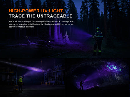High-power UV light used for search and rescue in dark environments, with text highlighting its capabilities.