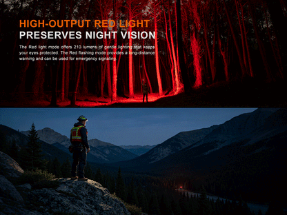 Two modes of red light of Fenix LR50R V2.0 Flashlight in a forest and in the mountains