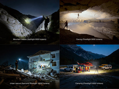 Collage of a person using a Fenix LR50R V2.0 Flashlight in various settings including mountain rescue, caving, urban rescue, and camping.