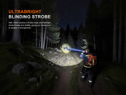 Person using Fenix LR50R V2.0 Flashlight in ultrabright strobe mode in a dark forest. 