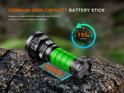 Fenix LR50R V2.0 Flashlight with 32000mAh battery stick on a rock, showing runtime and capacity details.
