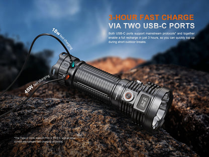 Black Fenix LR50R V2.0 Flashlight on a rocky surface with text about fast charging via USB-C ports.