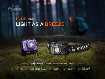 Purple and black Fenix HL12R headlamps on a forest floor with a person in the background.