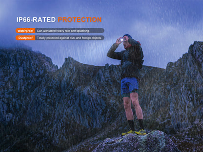 Person standing on a mountain peak in rain using Fenix HL12R V2.0 Headlamp with IP66-rated protection text overlay