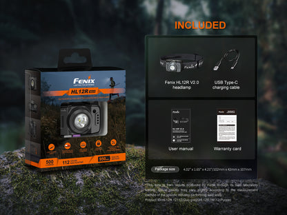 Fenix HL12R V2.0 headlamp packaging with included items displayed on a dark background.
