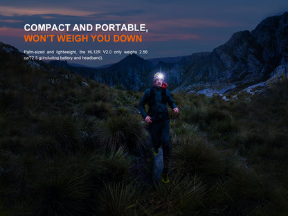 Person with a Fenix HL12R V2.0 Headlamp in a mountainous landscape at night, with promotional text about the light weight of the headlamp. 