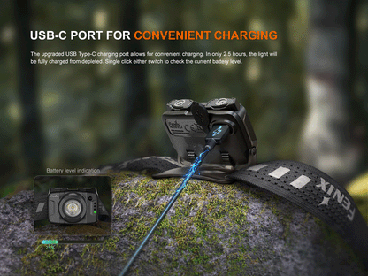 Fenix HL12R V2.0 Headlamp on a rock in a forest being charged with a USB C cable.
