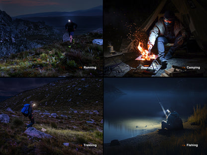 Collage of people using Fenix HL12R V2.0 Headlamp during four activities: running, camping, trekking, and fishing at night.