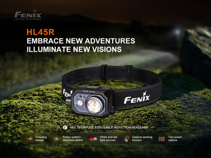 Fenix HL45R headlamp on a mossy background with promotional text.