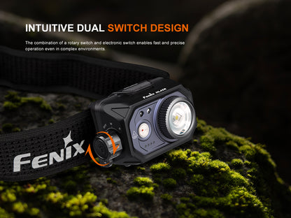 Fenix HL45R Headlamp with intuitive dual switch design on a dark background