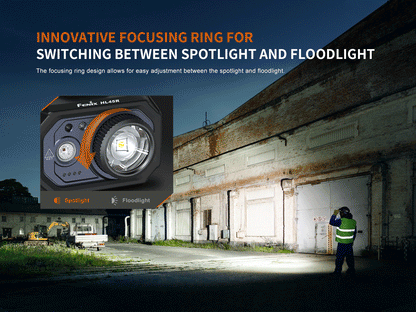 Person using Fenix HL45R Headlamp outside an industrial area with text about floodlight and spotlight switch. 